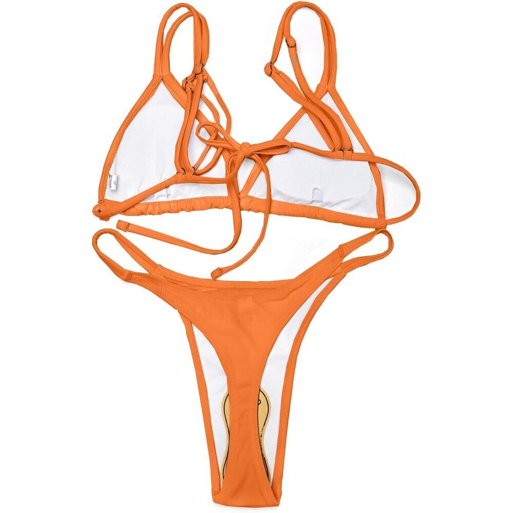 Women's Orange Gold Bikini Set Adjustable TREADS Thong Bottom Beachwear - Picture 4 of 7
